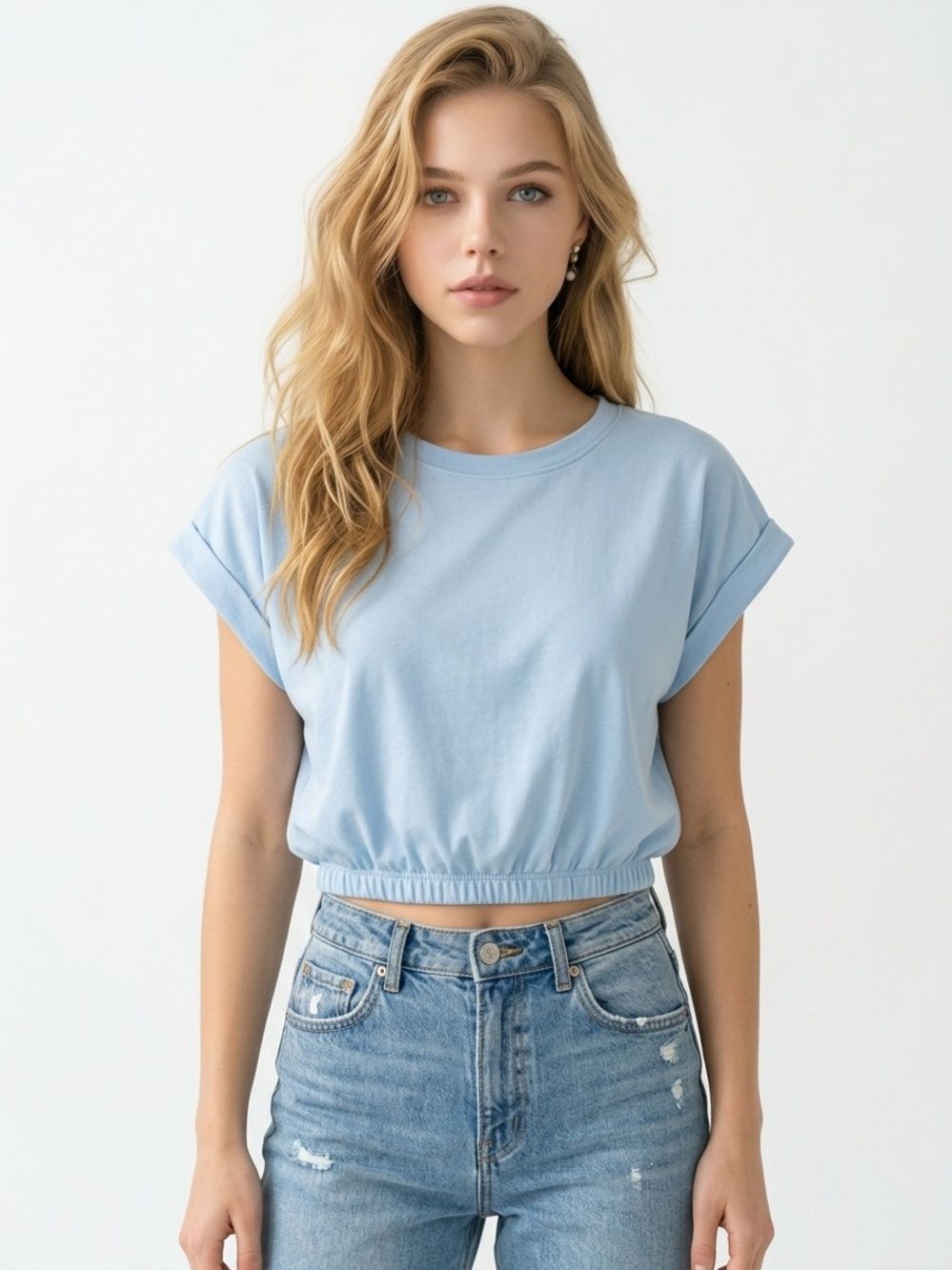 SHEIN | Light Blue Cropped Tee with Elastic Hem Women’s Size Large (8-10)